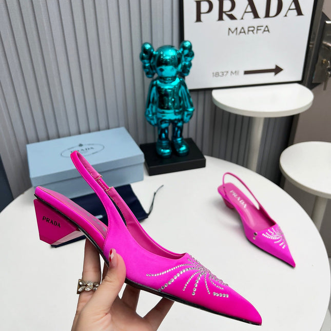 PRADA 26S POINTED TOE SLINGBACK 40MM IN FUCHSIA PINK SATIN CRYSTAL EMBELLISHED