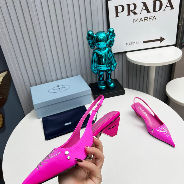 PRADA 26S POINTED TOE SLINGBACK 40MM IN FUCHSIA PINK SATIN CRYSTAL EMBELLISHED
