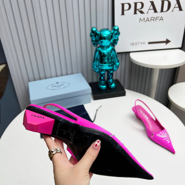 PRADA 26S POINTED TOE SLINGBACK 40MM IN FUCHSIA PINK SATIN CRYSTAL EMBELLISHED