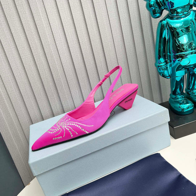 PRADA 26S POINTED TOE SLINGBACK 40MM IN FUCHSIA PINK SATIN CRYSTAL EMBELLISHED