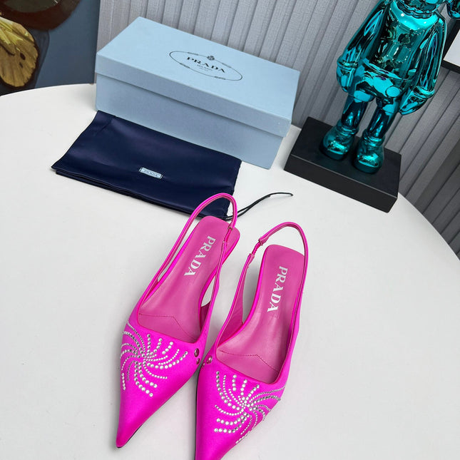PRADA 26S POINTED TOE SLINGBACK 40MM IN FUCHSIA PINK SATIN CRYSTAL EMBELLISHED
