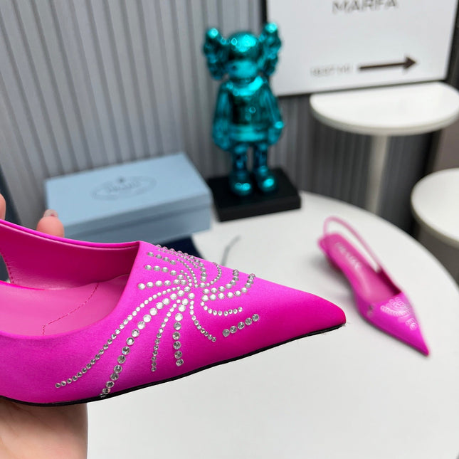 PRADA 26S POINTED TOE SLINGBACK 40MM IN FUCHSIA PINK SATIN CRYSTAL EMBELLISHED