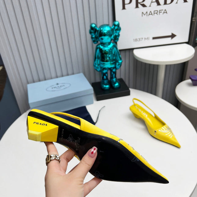 PRADA 26S POINTED TOE SLINGBACK 40MM IN YELLOW SATIN CRYSTAL EMBELLISHED