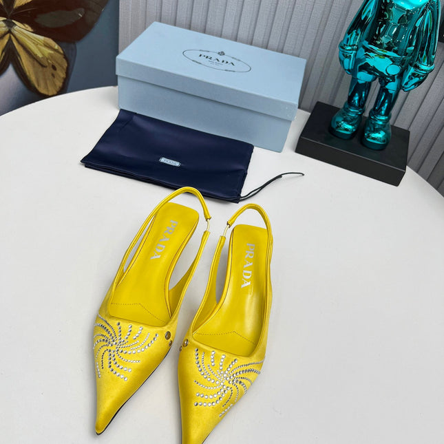 PRADA 26S POINTED TOE SLINGBACK 40MM IN YELLOW SATIN CRYSTAL EMBELLISHED