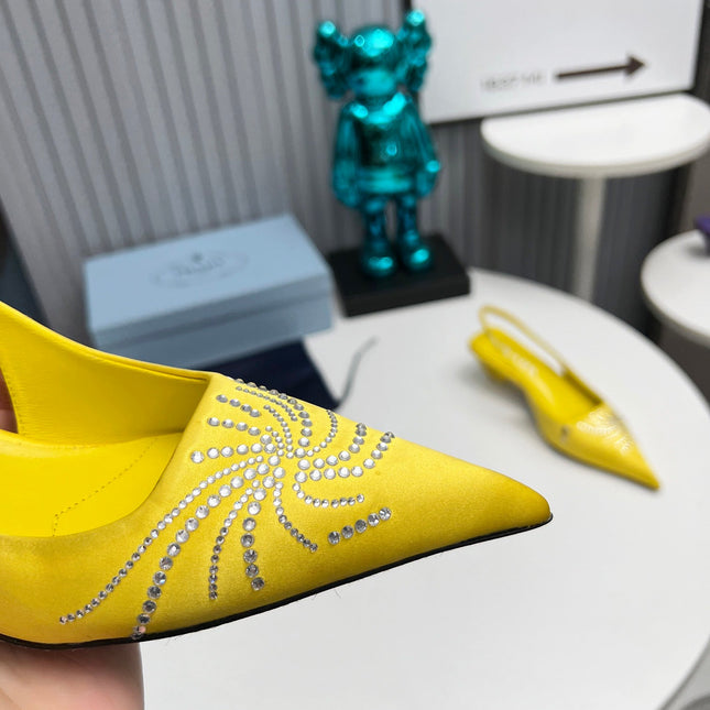PRADA 26S POINTED TOE SLINGBACK 40MM IN YELLOW SATIN CRYSTAL EMBELLISHED