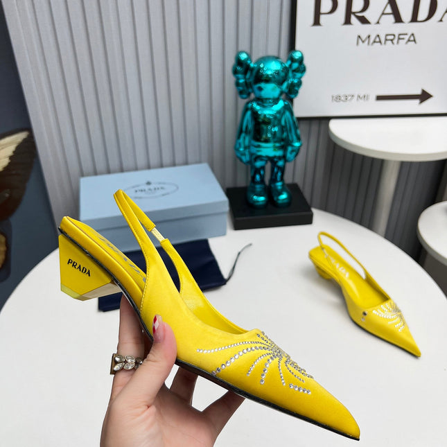 PRADA 26S POINTED TOE SLINGBACK 40MM IN YELLOW SATIN CRYSTAL EMBELLISHED