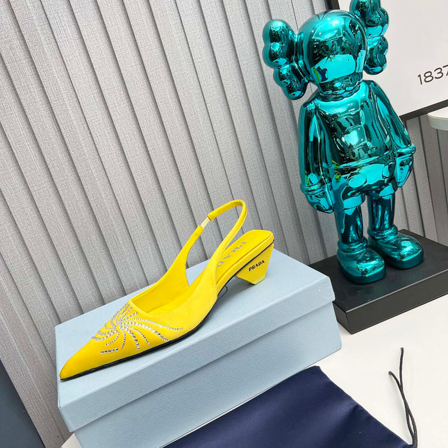 PRADA 26S POINTED TOE SLINGBACK 40MM IN YELLOW SATIN CRYSTAL EMBELLISHED