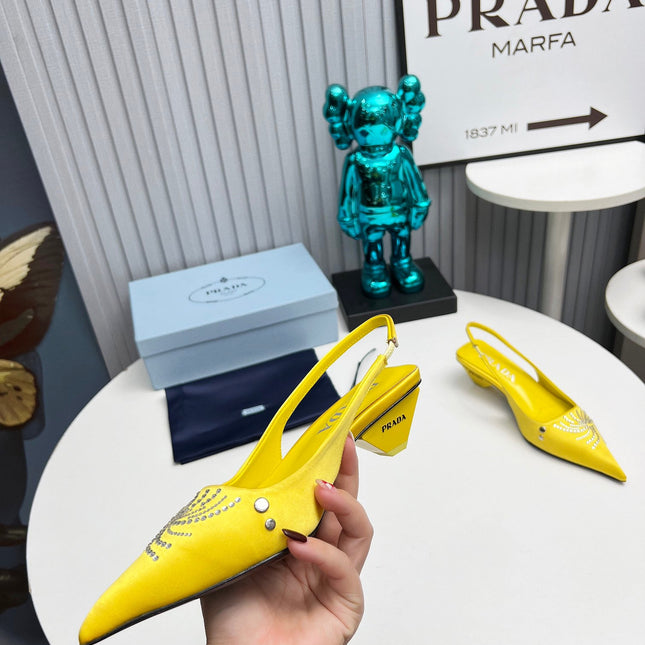 PRADA 26S POINTED TOE SLINGBACK 40MM IN YELLOW SATIN CRYSTAL EMBELLISHED