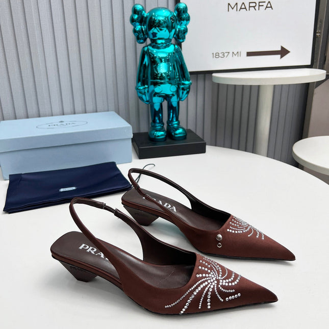 PRADA 26S POINTED TOE SLINGBACK 40MM IN DARK BROWN SATIN CRYSTAL EMBELLISHED