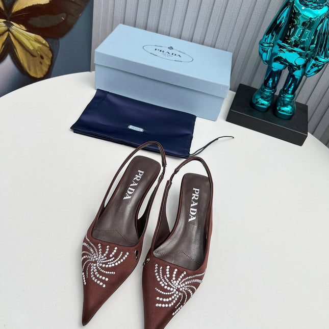 PRADA 26S POINTED TOE SLINGBACK 40MM IN DARK BROWN SATIN CRYSTAL EMBELLISHED