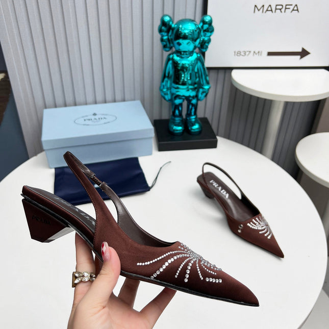 PRADA 26S POINTED TOE SLINGBACK 40MM IN DARK BROWN SATIN CRYSTAL EMBELLISHED