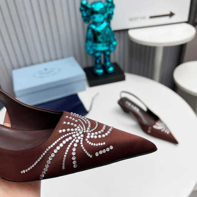 PRADA 26S POINTED TOE SLINGBACK 40MM IN DARK BROWN SATIN CRYSTAL EMBELLISHED