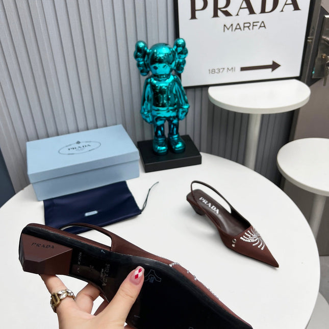 PRADA 26S POINTED TOE SLINGBACK 40MM IN DARK BROWN SATIN CRYSTAL EMBELLISHED