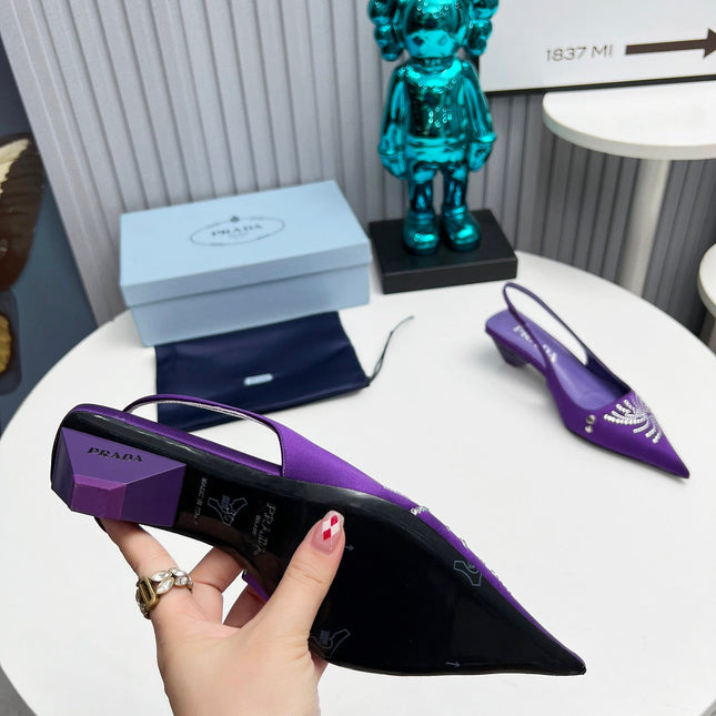 PRADA 26S POINTED TOE SLINGBACK 40MM IN PURPLE SATIN CRYSTAL EMBELLISHED