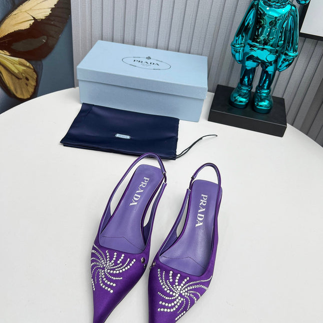PRADA 26S POINTED TOE SLINGBACK 40MM IN PURPLE SATIN CRYSTAL EMBELLISHED