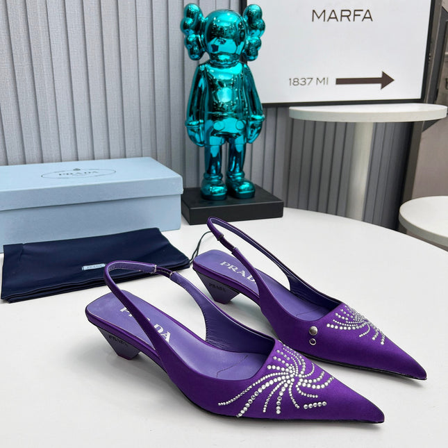 PRADA 26S POINTED TOE SLINGBACK 40MM IN PURPLE SATIN CRYSTAL EMBELLISHED