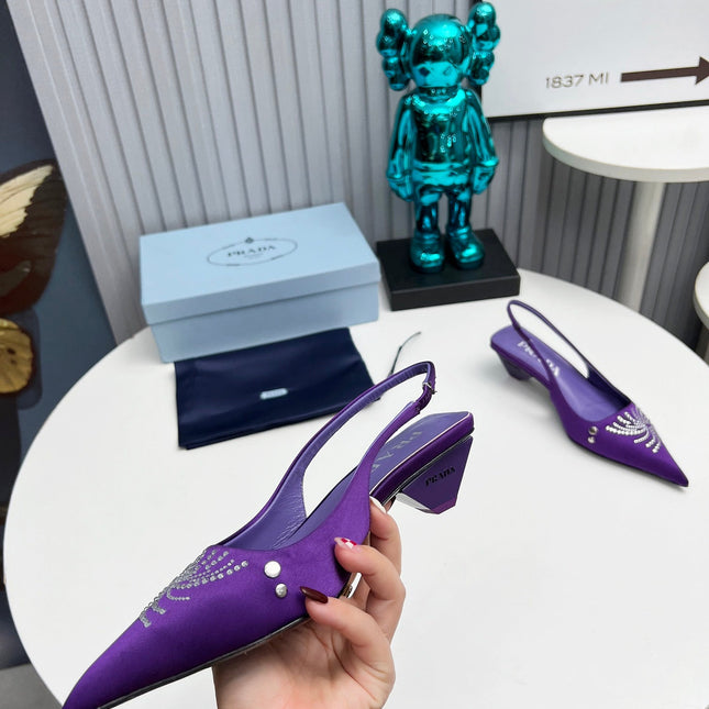 PRADA 26S POINTED TOE SLINGBACK 40MM IN PURPLE SATIN CRYSTAL EMBELLISHED