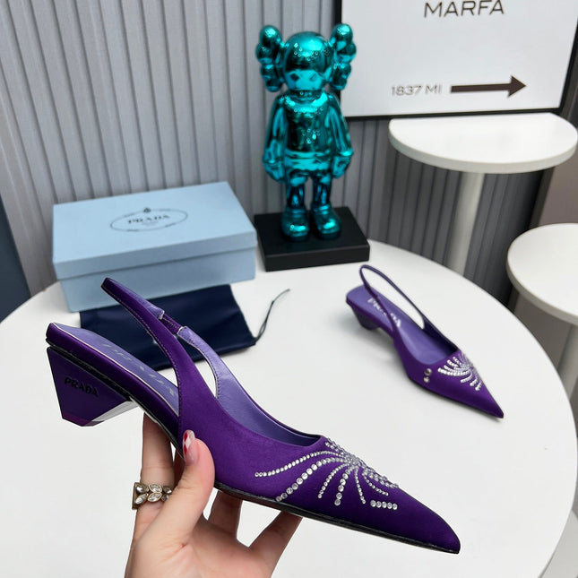 PRADA 26S POINTED TOE SLINGBACK 40MM IN PURPLE SATIN CRYSTAL EMBELLISHED