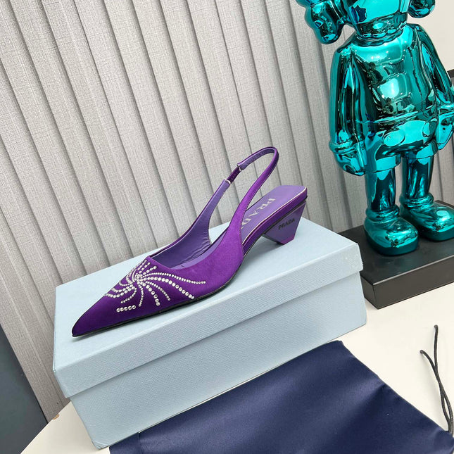 PRADA 26S POINTED TOE SLINGBACK 40MM IN PURPLE SATIN CRYSTAL EMBELLISHED