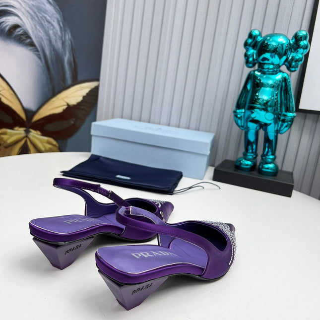 PRADA 26S POINTED TOE SLINGBACK 40MM IN PURPLE SATIN CRYSTAL EMBELLISHED