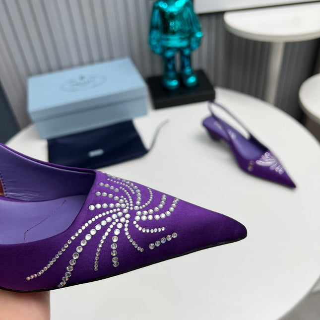 PRADA 26S POINTED TOE SLINGBACK 40MM IN PURPLE SATIN CRYSTAL EMBELLISHED