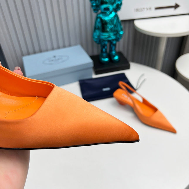 PRADA 26S POINTED TOE SLINGBACK 40MM IN ORANGE SATIN