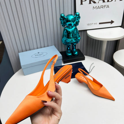 PRADA 26S POINTED TOE SLINGBACK 40MM IN ORANGE SATIN