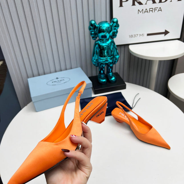 PRADA 26S POINTED TOE SLINGBACK 40MM IN ORANGE SATIN
