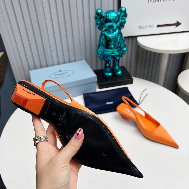 PRADA 26S POINTED TOE SLINGBACK 40MM IN ORANGE SATIN
