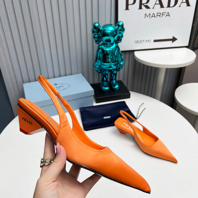 PRADA 26S POINTED TOE SLINGBACK 40MM IN ORANGE SATIN