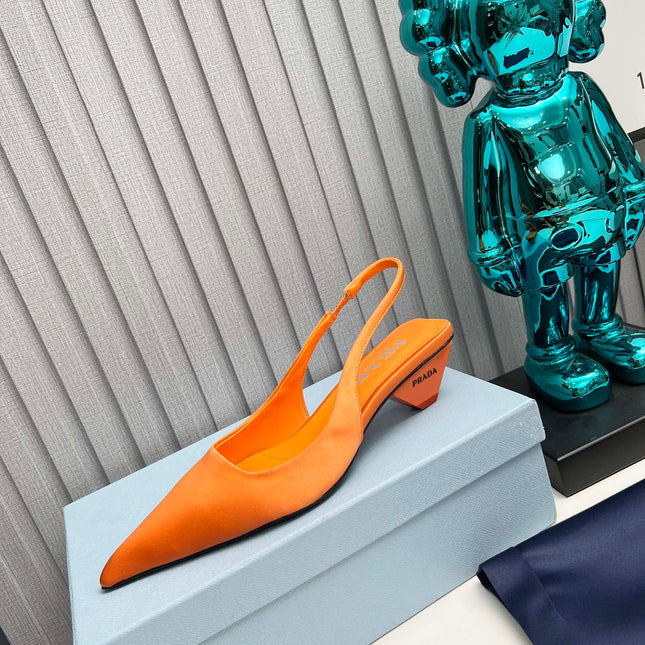 PRADA 26S POINTED TOE SLINGBACK 40MM IN ORANGE SATIN