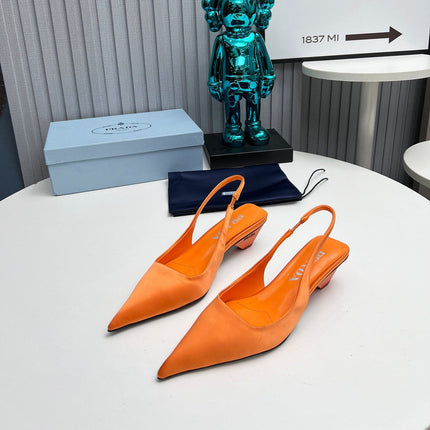 PRADA 26S POINTED TOE SLINGBACK 40MM IN ORANGE SATIN