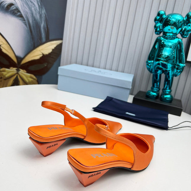 PRADA 26S POINTED TOE SLINGBACK 40MM IN ORANGE SATIN