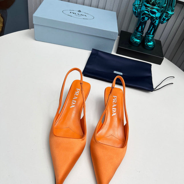 PRADA 26S POINTED TOE SLINGBACK 40MM IN ORANGE SATIN
