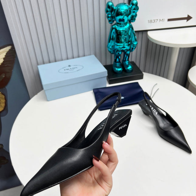 PRADA 26S POINTED TOE SLINGBACK 40MM IN BLACK CALFSKIN