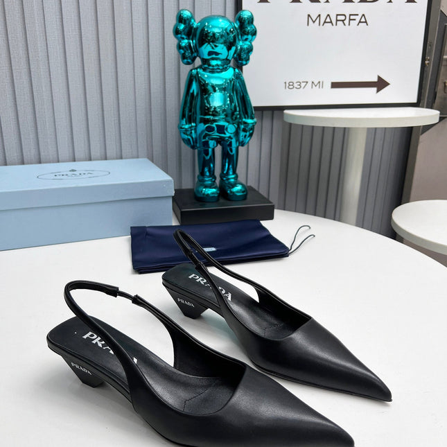 PRADA 26S POINTED TOE SLINGBACK 40MM IN BLACK CALFSKIN