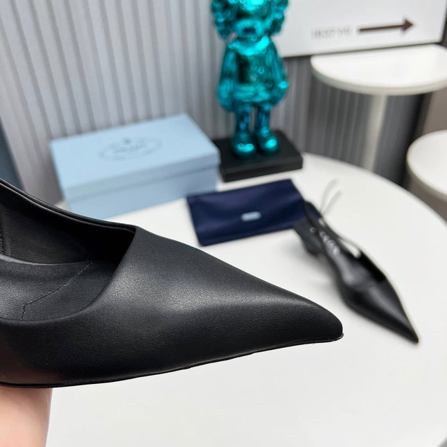 PRADA 26S POINTED TOE SLINGBACK 40MM IN BLACK CALFSKIN