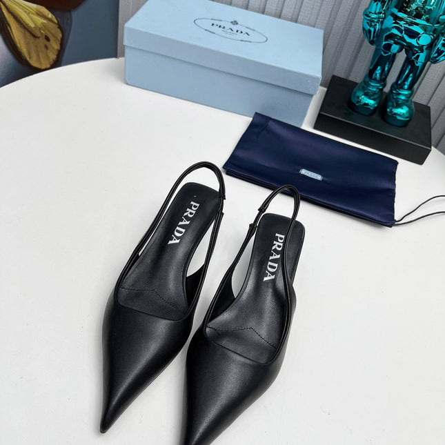 PRADA 26S POINTED TOE SLINGBACK 40MM IN BLACK CALFSKIN