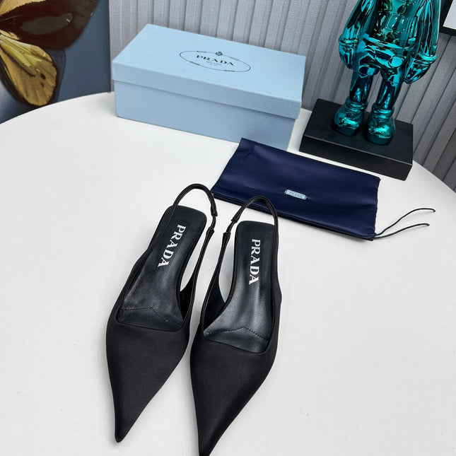 PRADA 26S POINTED TOE SLINGBACK 40MM IN BLACK SATIN
