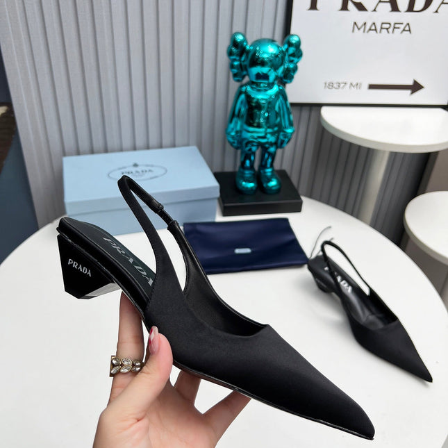 PRADA 26S POINTED TOE SLINGBACK 40MM IN BLACK SATIN