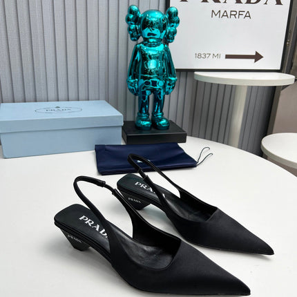 PRADA 26S POINTED TOE SLINGBACK 40MM IN BLACK SATIN
