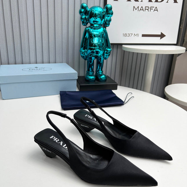 PRADA 26S POINTED TOE SLINGBACK 40MM IN BLACK SATIN