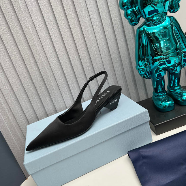 PRADA 26S POINTED TOE SLINGBACK 40MM IN BLACK SATIN