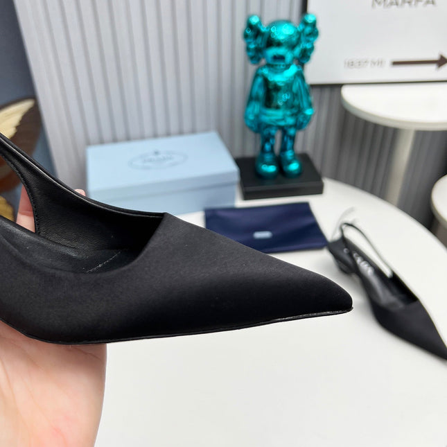PRADA 26S POINTED TOE SLINGBACK 40MM IN BLACK SATIN