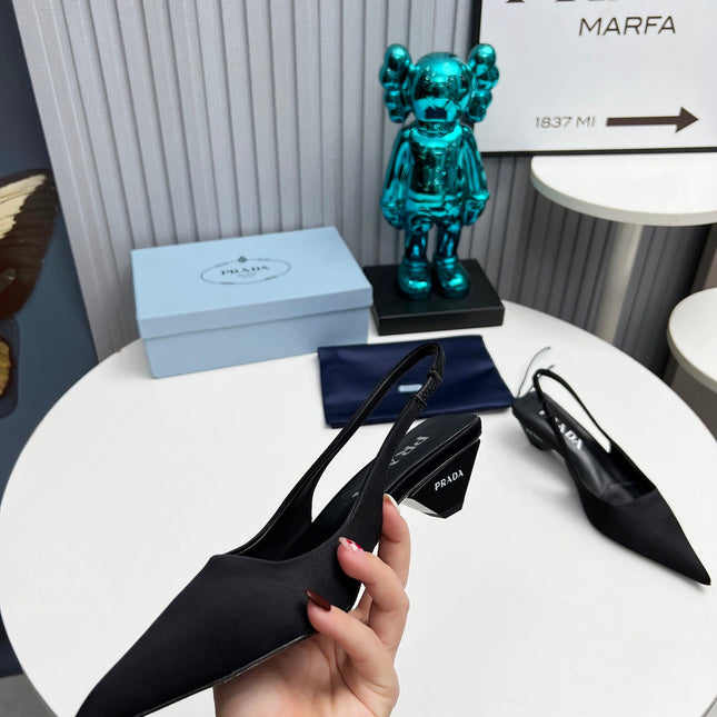 PRADA 26S POINTED TOE SLINGBACK 40MM IN BLACK SATIN