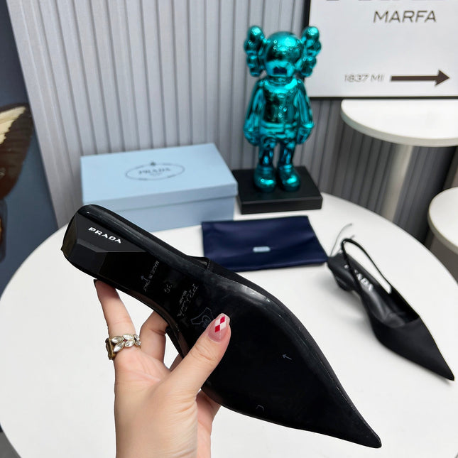 PRADA 26S POINTED TOE SLINGBACK 40MM IN BLACK SATIN