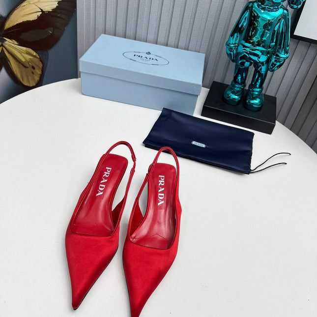 PRADA 26S POINTED TOE SLINGBACK 40MM IN DARK RED SATIN