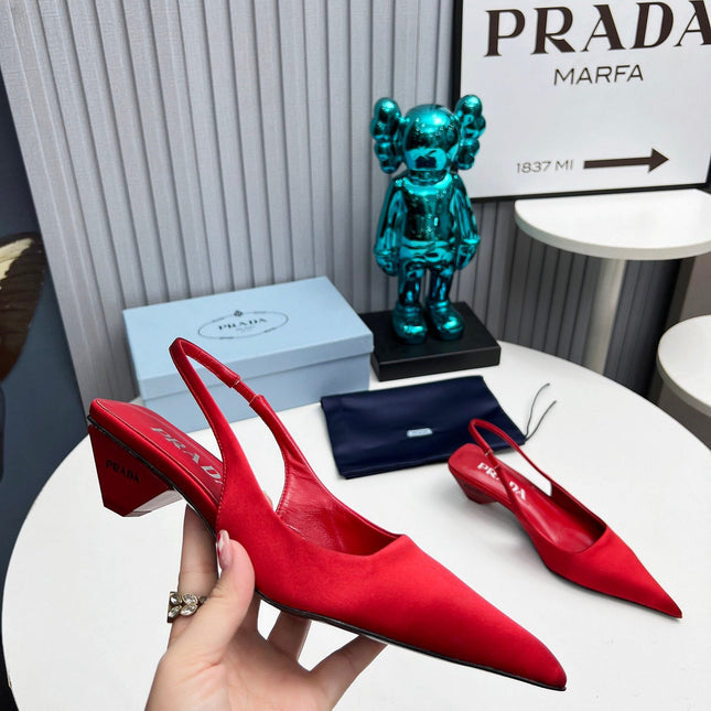 PRADA 26S POINTED TOE SLINGBACK 40MM IN DARK RED SATIN