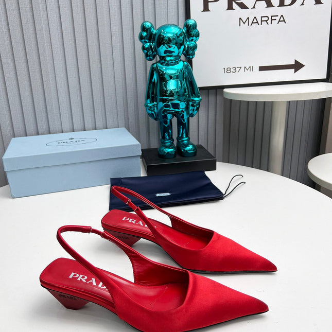PRADA 26S POINTED TOE SLINGBACK 40MM IN DARK RED SATIN
