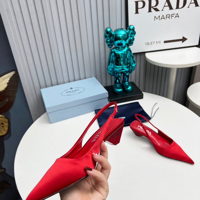PRADA 26S POINTED TOE SLINGBACK 40MM IN DARK RED SATIN